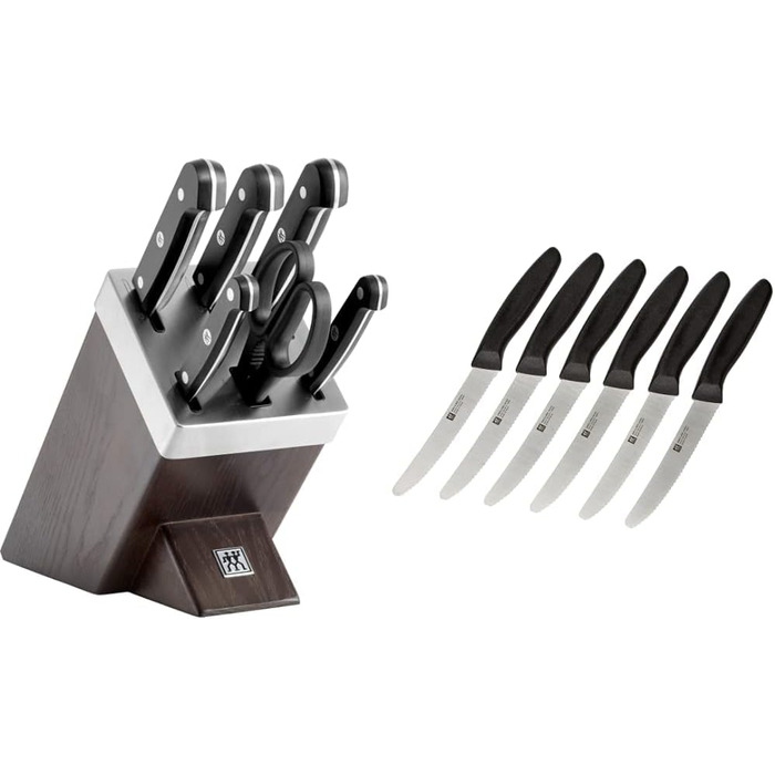 Набір ножів ZWILLING Gourmet 7-тг. та 6-тг. з бруском, нержавіюча сталь, Twin Grip, чорно-коричневі ручки