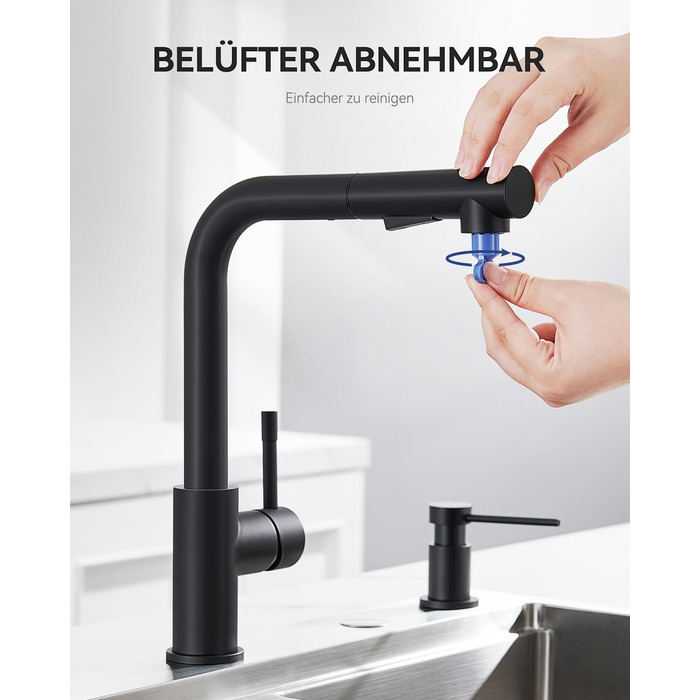Змішувач для кухні чорний висувний з душем, кухонна арматура високого тиску, нержавіюча сталь 360°