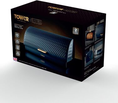 Контейнер для хліба Tower T826090GRY Empire з ролетною кришкою, нержавіюча сталь та латунь, Midnight Blue