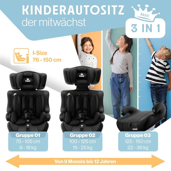 Автокрісло KIDIZ® для дітей 9-36 кг, групи 1+2+3, 5-точкові ремені безпеки, регульована підголовник, чорний колір