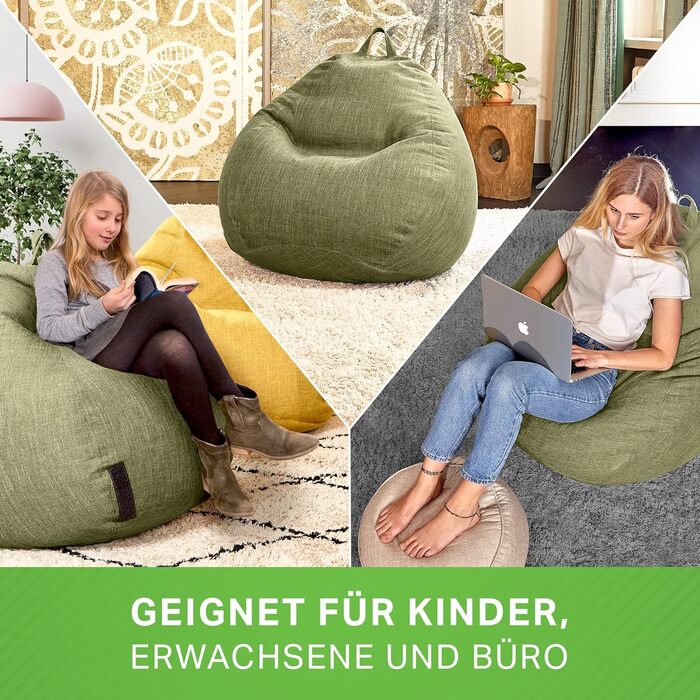 Чохол для крісла-мішка Green Bean XXL 80x90 см, льон, зелений, без наповнювача, м'який, міцний, праний, з додатковим внутрішнім мішком