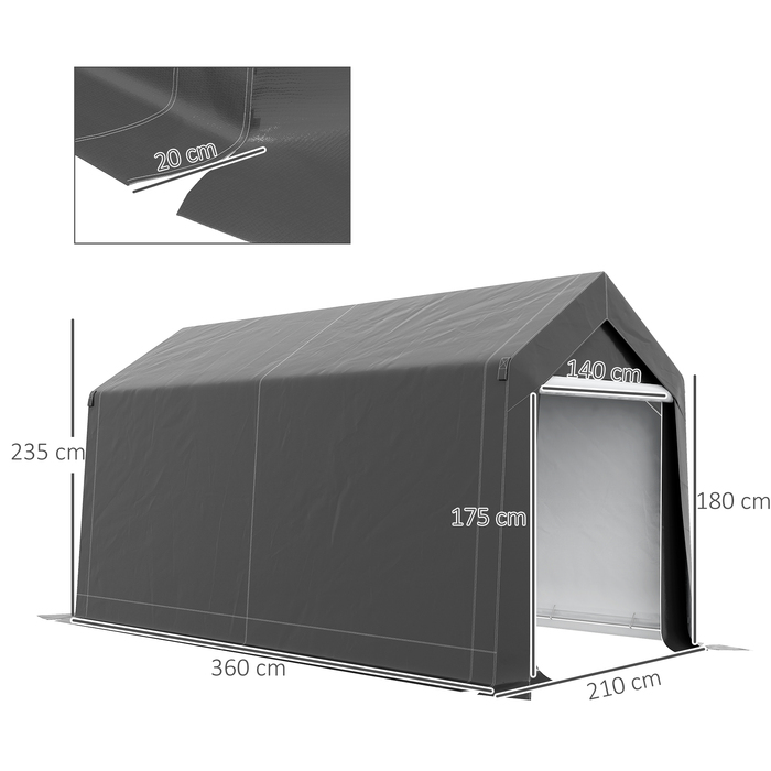 Гаражний намет Outsunny, 2,1 x 3,6 x 2,35 м Намет для зберігання із захистом від ультрафіолету, двері на блискавці, водовідштовхувальний гараж з фольги для мотоцикла, садові інструменти, темно-сірий