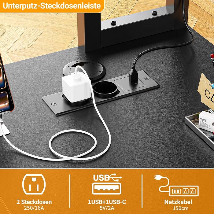 Кутовий L-подібний письмовий стіл Homieasy 150 см з LED-підсвіткою, шухлядою, USB та Type-C розетками, підставкою для монітора та полицею А4, чорний, МДФ