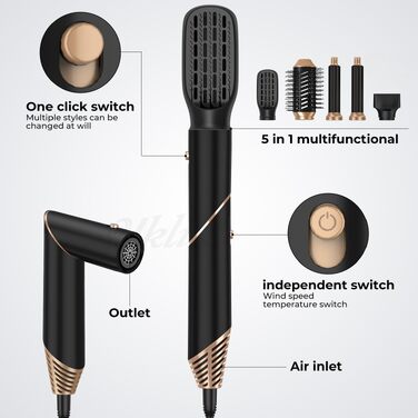 UKLISS Airstyler 5-в-1: Фен-щітка, стайлер для волосся з іонізацією, плойка, насадки для укладання (Чорний/Золотий)