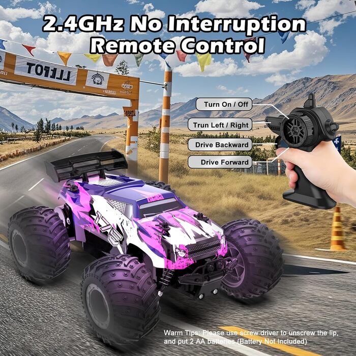 Радіокерований позашляховик FEIMUOSI 1:18 RC Car: LED підсвітка, 2.4GHz, 2 акумулятори, швидкість 20 км/год, для дітей та дорослих, фіолетовий