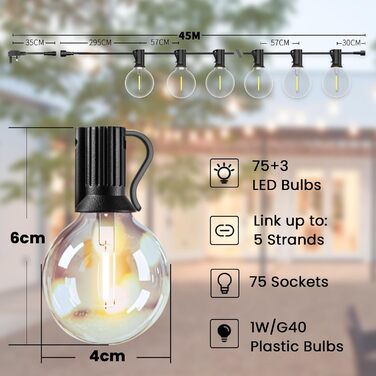 Світлодіодна гірлянда для вулиці, 60м, G40 LED, 104 пластикові лампочки, вологостійка IP45, димування, для зовнішнього використання, тераси, дерев, свят, 2700K тепле біле світло (2x30м)