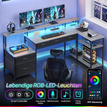 Кутовий комп'ютерний стіл L-подібної форми Seventable з розеткою, LED підсвіткою, підставкою для монітора та шухлядами (сірий)