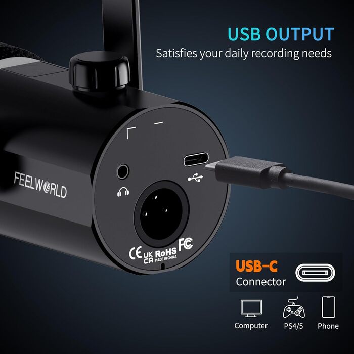 FEELWORLD PM1 Динамічний мікрофон XLR/USB з RGB-підсвічуванням для подкастів, геймінгу та YouTube. Комплект з підставкою та кабелем