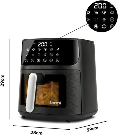 Аерофритюрниця Girmi FG26 Ecofrit Bis з двома зонами приготування, 9 л, 2400 Вт, цифровий дисплей, антипригарне покриття, BPA/PFOA Safe, чорний/сріблястий