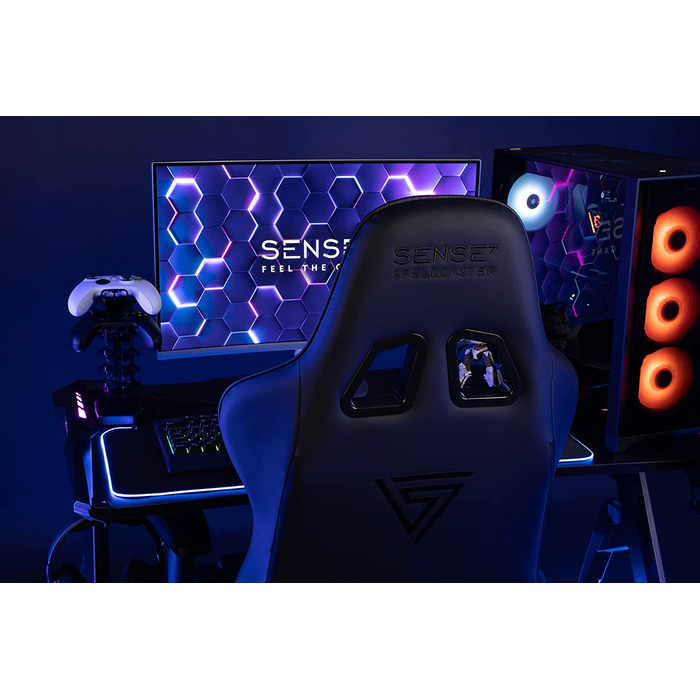 Ігрове крісло SENSE7 Spellcaster, ергономічний офісний стілець із регульованим поперековим упором, нахилом та гойданням, тканинний, до 150 кг, чорний-сірий