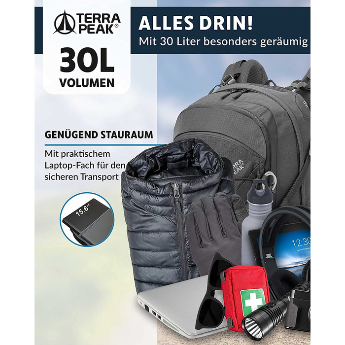 Туристичний рюкзак Terra Peak Flex 30L з вентиляцією спини, регочохлом і тримачем для питної системи – середній трекінговий рюкзак із 3D Air Mesh для походів, з поясним ременем