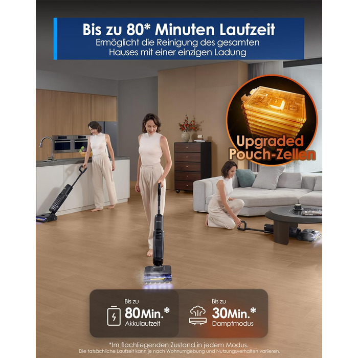 Tineco Floor One S7 Stretch Steam: Акумуляторний пилосос 2-в-1 для вологого та сухого прибирання, 22000 Па, для твердих підлог, шерсті тварин