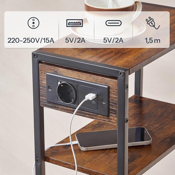 Вузький консольний стіл HOOBRO з зарядним пристроєм (USB-A, USB-C, AC), 3-ярусний приставний столик з полицями для передпокою та вітальні, чорний/коричневий, EBF42CXG01