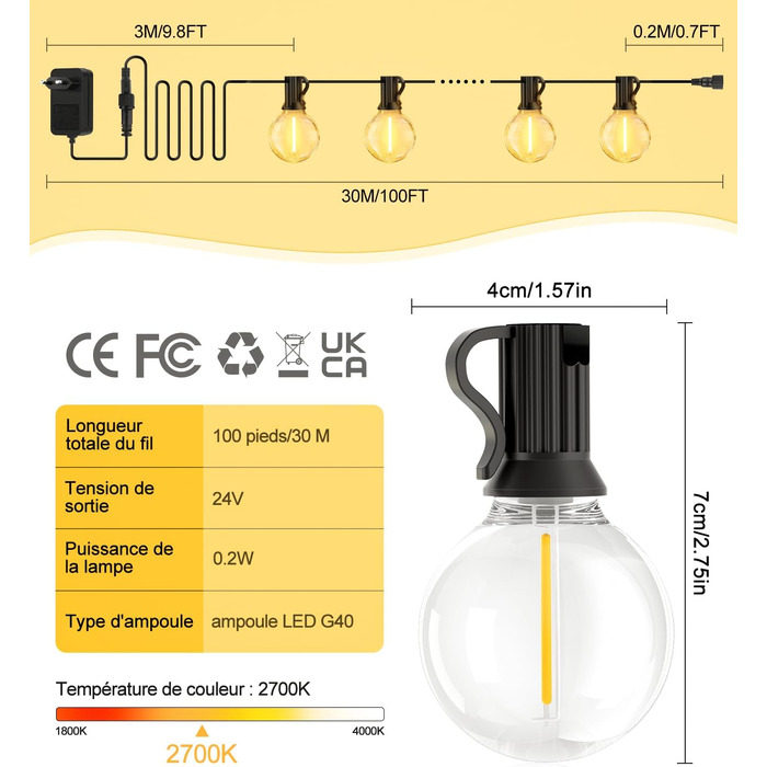 LED гірлянда вулична 30м G40 з пультом, IP44 для саду, тераси, веранди
