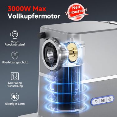 Електрична м'ясорубка AAOBOSI 3000W з DC-мотором, 3 швидкості, низький рівень шуму (60 дБ), функція реверсу, срібляста