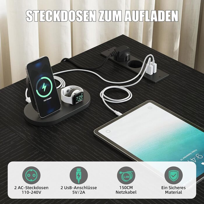 Кутовий письмовий стіл YOUDENOVA 150x100 см з шухлядами, розеткою та USB-зарядом, чорний