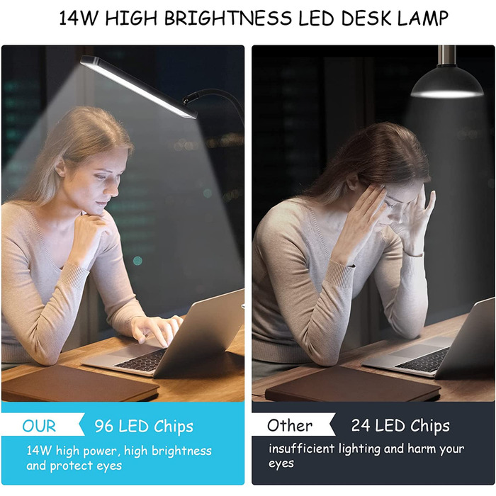 LED настільна лампа BIENSER з кліпсою, 14Вт, гнучкий шнур, 1100Лм, 5 кольорів, 10 рівнів яскравості, диміруєма, захист для очей, для офісу, чорна