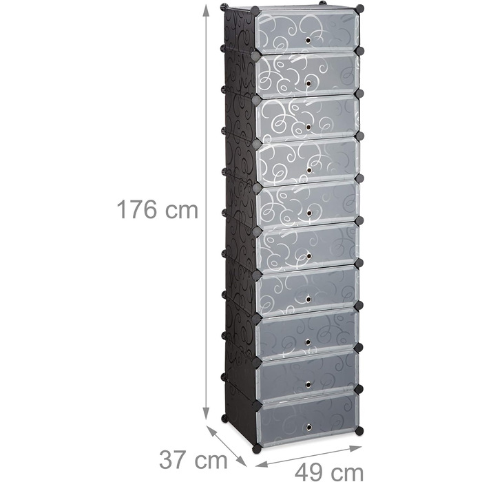 Велика полиця для взуття Relaxdays, 10 рівнів, чорна, 176x49x37 см, модульний взуттєвий стелаж, компактна збірна конструкція