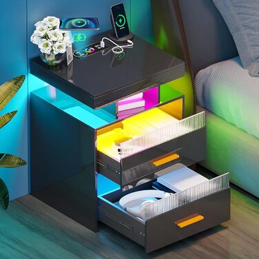 Нічний столик Lvifur з LED-підсвічуванням, сенсором руху та USB/Type-C зарядкою, 2 шухляди, бездротова зарядка, 3 кольори, регулювання яскравості, чорний