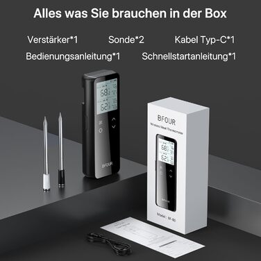 Бездротовий термометр для м'яса з Bluetooth та Wi-Fi, 2 зонди, 6 сенсорів, водонепроникний, точність ±0,1°C, для гриля, духовки, жарки – BF-80