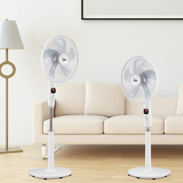 Вентилятор підлоговий Midea FS40-16CR з DC-мотором, 12 швидкостей, тиха робота 27 дБ, дистанційне керування, LED-дисплей, таймер 12 год, 4 режими, енергозбереження, 5 лопатей, регульована висота, білий