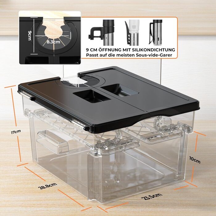 Контейнер для Sous Vide 11л з кришкою та решіткою, полікарбонат (без BPA), універсальний для багатьох Sous Vide пристроїв