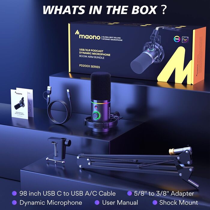 MAONO PD200XS Динамічний XLR/USB мікрофон з RGB підсвіткою, комплект із тримачем, програмним забезпеченням, кнопкою вимкнення звуку та регулятором гучності для подкастів, стрімінгу, запису, геймінгу, ПК, Mac, PS4/5, мікшер, чорний