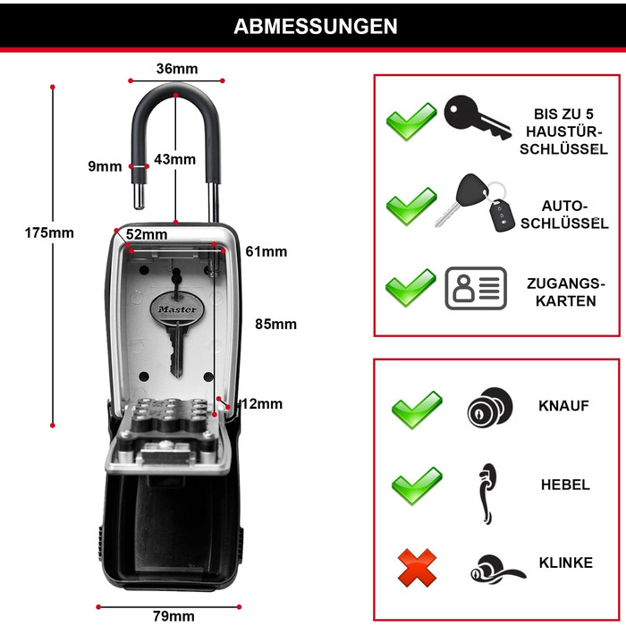 Сейф для ключів Master Lock з кнопковим кодом для зовнішнього встановлення, металевий кейс (11.7 x 7.9 x 5.2 см)