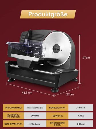 Електричний шматодаватель Allesschneider 200W для дому та професійного використання, знімні леза 2 x 19 см, регулювання товщини 0-15, для м'яса, шинки, хліба, фруктів, захист, чорний