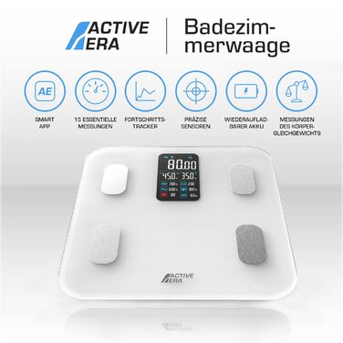 Bluetooth вага Active Era з великим LED-дисплеєм, аналізатор складу тіла, 16 вимірювань, високоточна, ІМТ, додаток для смартфона, біла