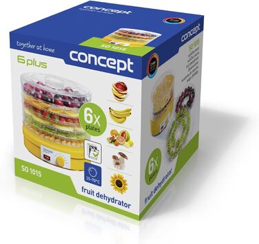 Сушарка для овочів та фруктів Concept SO1015, 6 лотків, регульована температура 35-70°C, 245 Вт, тиха робота 46 дБ, пластик, жовта, компактна