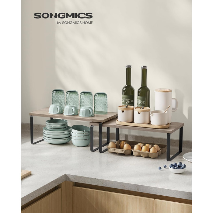 Набір полиць для спецій SONGMICS (2 шт), розширюваний органайзер для кухні, шаф та стільниці, металевий з дерев'яними вставками, біло-бежевий, KCS200W01
