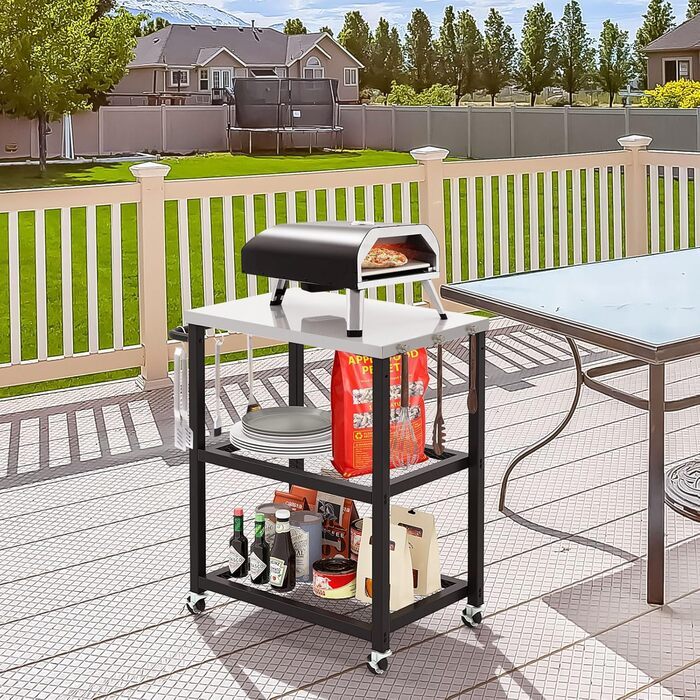 Grillwagen COSTWAY Outdoor: стіл для гриля з 3 полицями, 4 колесами, ручкою та 3 гачками | FM32279PWDE
