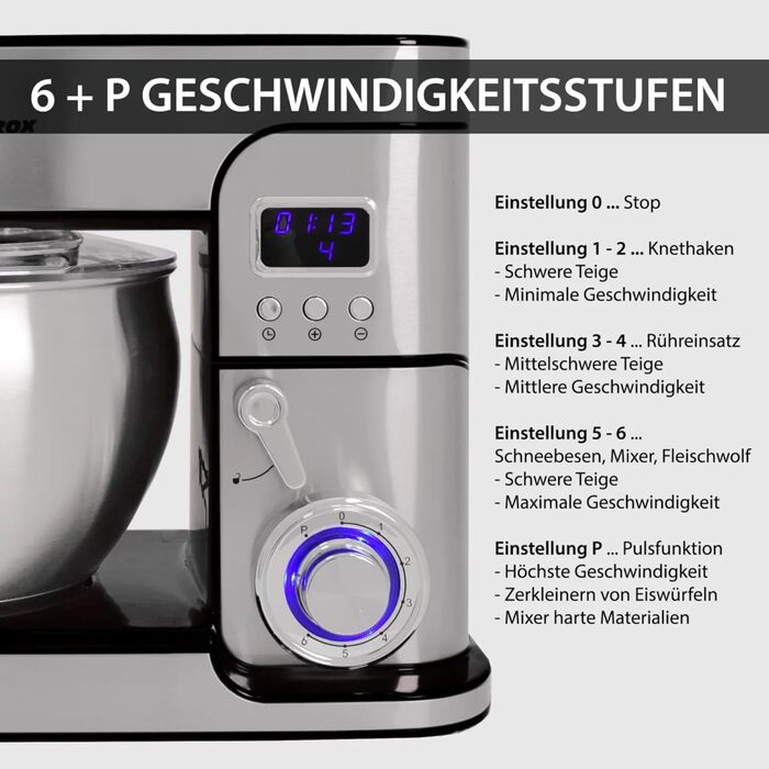 Кухонна машина Syntrox Germany Glumya 7 л, м'ясорубка, 1300 Вт, нержавіюча сталь, аксесуари для тіста й кремів, LED-дисплей, таймер, чорна