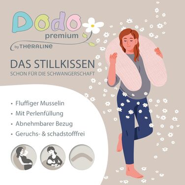 Подушка для вагітних та годування Theraline Dodo Pillow Premium 180 см, мусліновий чохол (100% бавовна), бежева