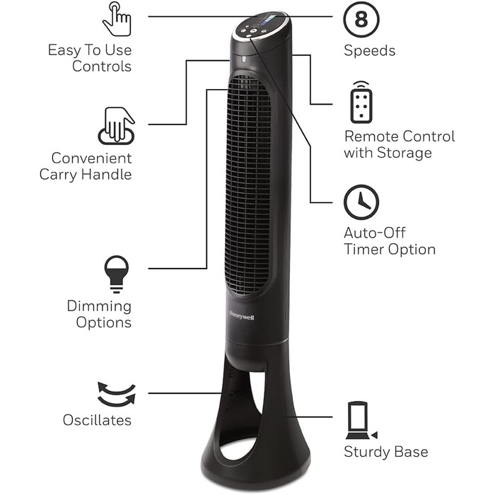 Вентилятор Honeywell QuietSet Tower HYF290, 8 швидкостей, 80° осциляція, таймер, дистанційне керування, димування