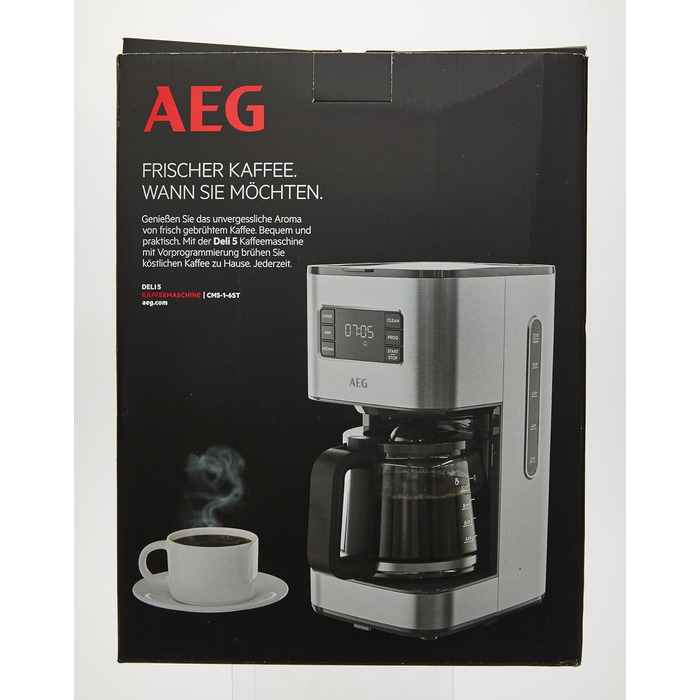 Кавоварка AEG CM5-1-6ST Deli 5, 1,5 л, нержавійка, програмований таймер, підтримка тепла, захист, індикатор рівня води, антикрапельна функція