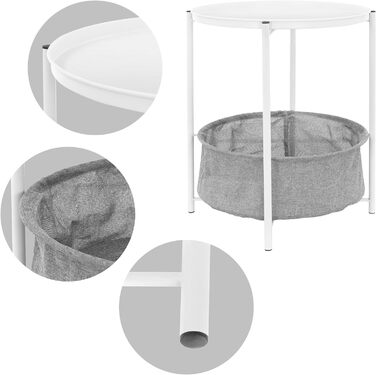 Круглий металевий столик ML-Design Ø46x51 см, білий, з текстильним кошиком та знімною стільницею, сучасний журнальний стіл для вітальні або спальні