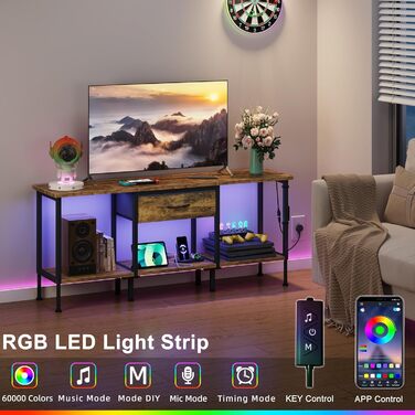 ТВ-тумба з LED-підсвіткою та розеткою, вінтажний коричневий колір, 120 x 30 x 51.8 см