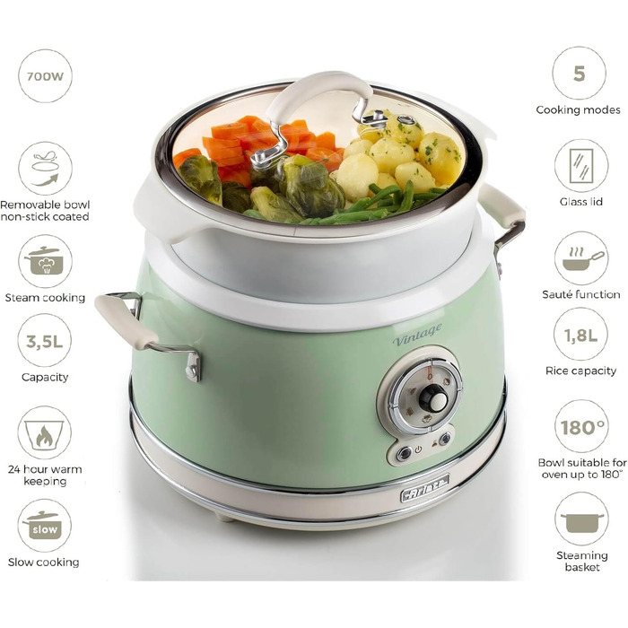 Мультиварка Ariete Vintage 2904 блакитна 3.5л для рису, приготування на пару, повільного приготування з керамічним антипригарним покриттям 650W
