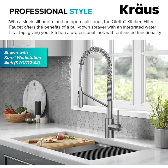 Змішувач кухонний Kraus KPF-3104SFS Oletto з витяжним душем, нержавіюча сталь, 55 см, комерційний стиль