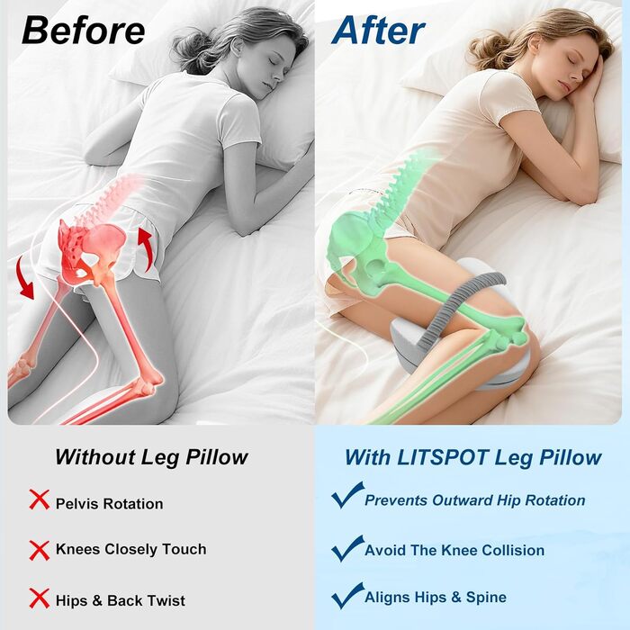 Подушка для сну на боці з піни Memory Foam, ергономічна, з охолоджуючим чохлом, сіра в горошок з ремінцем