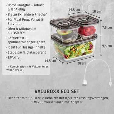 Набір вакуумних контейнерів Caso VacuBoxx Eco-Set з боросилікатного скла (3 шт.), без BPA, термостійкі та придатні для посудомийки та морозильника, з адаптером та шлангом