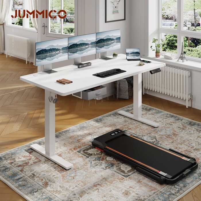 Електричний підйомний стіл JUMMICO 180x80 см з шухлядою та гачком, регульований стіл для роботи сидячи-стоячи, сталева рама, білий