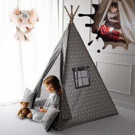 Дитяче намет PaLulli® Tipi з бавовни, з м'яким килимком, системою стабілізації, лампою-ліхтарем та декоративними подушками (сірий зі зірками)