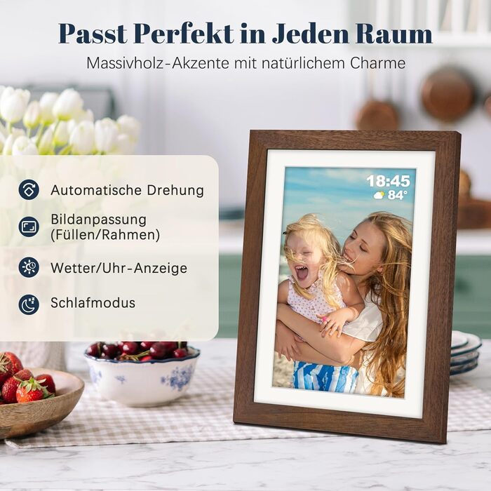 Цифровий фоторамка Frameo 10.1 дюйма з Wi-Fi, горіхове дерево, 32GB, IPS Touchscreen, Wi-Fi, фото/відео через додаток Frameo, подарунок для чоловіків та жінок