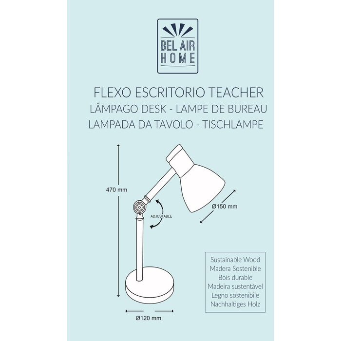 Настільна лампа Bel Air Home TEACHER 1xE27 з металу й дерева, сіра, для робочого столу, офісу, вітальні або спальні