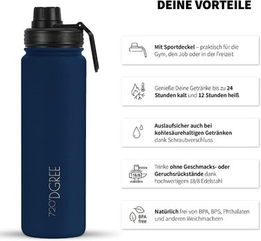 Термобутилка 720°DGREE з нержавіючої сталі 710 мл Sapphire Blue, із фруктовим контейнером, ізольована, герметична, для газованих напоїв, BPA-free, для спорту, фітнесу, з кришкою та спортивною насадкою