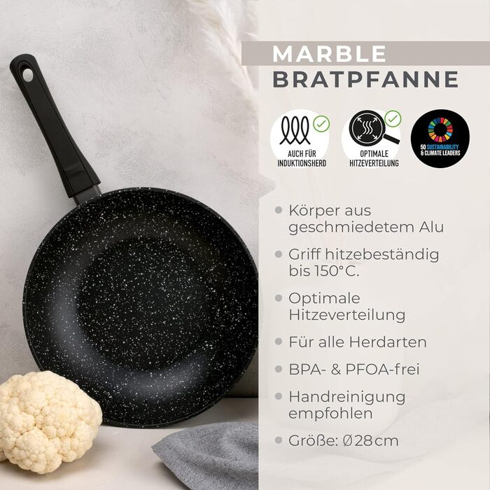 Сковорода вок Fackelmann Marble 28 см, антипригарна, з 90% переробленого алюмінію, ергономічна ручка, висока, для індукції
