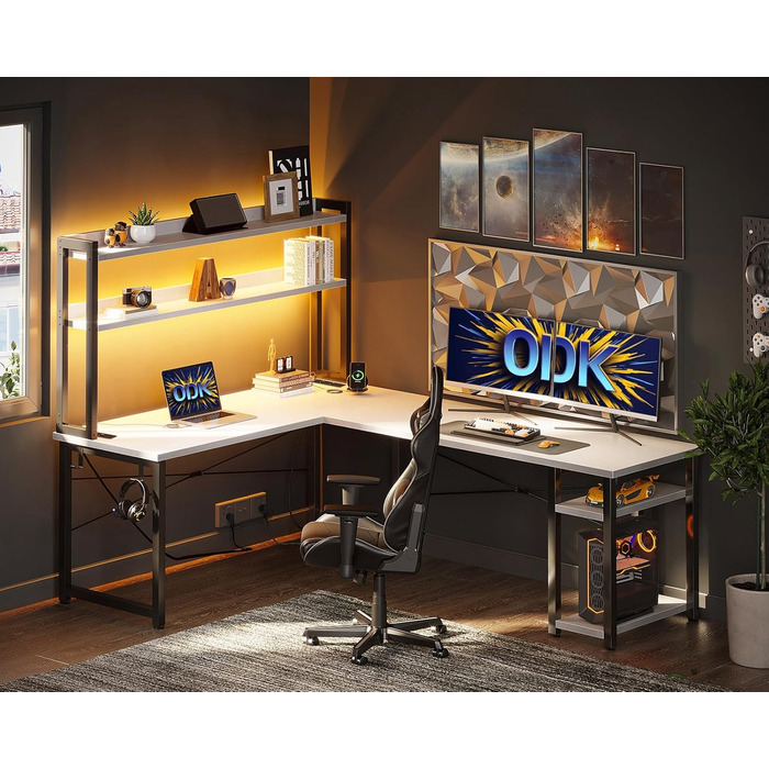 ODK Кутовий комп'ютерний стіл L-подібний з LED-підсвіткою, USB зарядкою та розеткою, білий, для геймінгу та домашнього офісу, 168×120 см